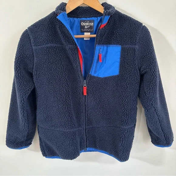 OshKosh Boys Sherpa Zip Hoodie Blue Red Trim Cozy Lined Size 8 - Picture 2 of 9